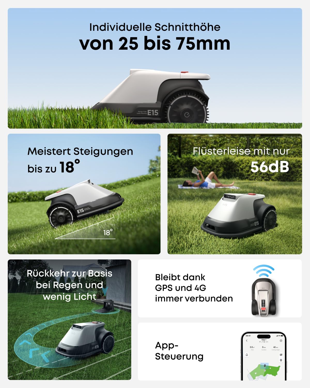 eufy E15 Mähroboter ohne Begrenzungskabel, Keine Signalausfälle, Kein RTK, TrueVision Technologie, Smart-Navigation, Garten bis 800m²