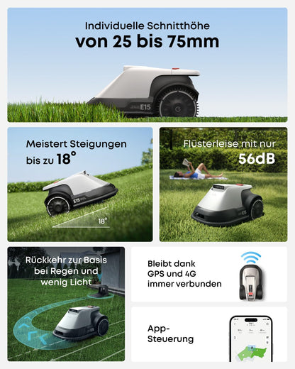 eufy E15 Mähroboter ohne Begrenzungskabel, Keine Signalausfälle, Kein RTK, TrueVision Technologie, Smart-Navigation, Garten bis 800m²