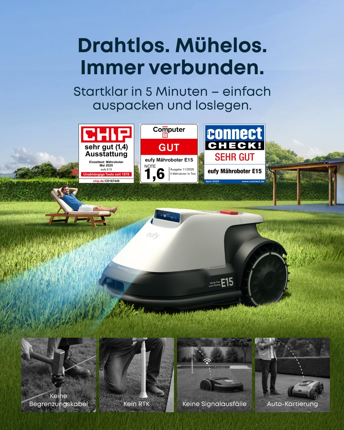 eufy E15 Mähroboter ohne Begrenzungskabel, Keine Signalausfälle, Kein RTK, TrueVision Technologie, Smart-Navigation, Garten bis 800m²