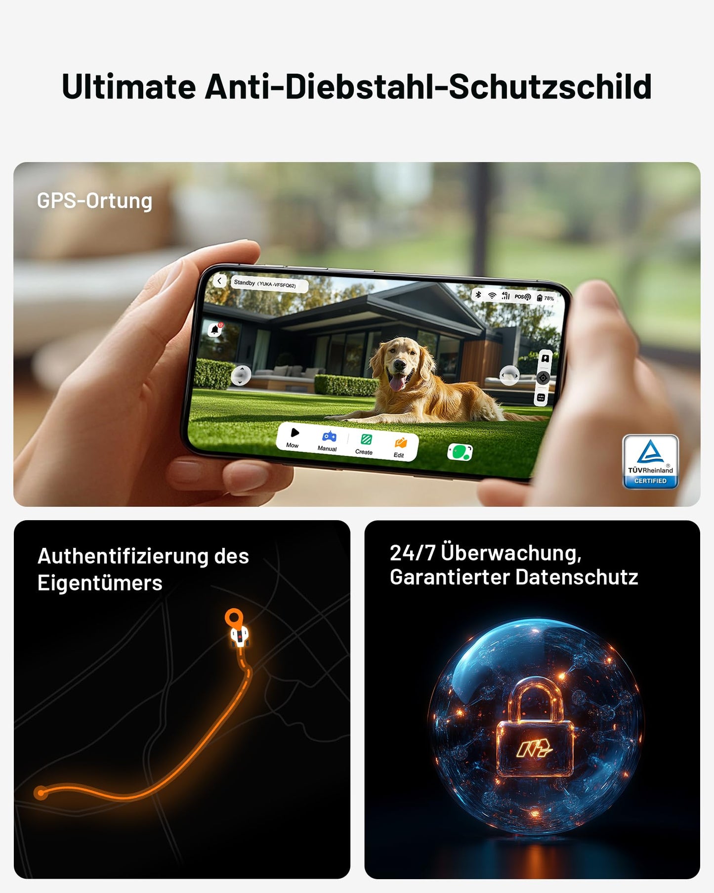 MAMMOTION YUKA 3000 Mähroboter ohne Begrenzungskabel, NetRTK+Vision, Keine RTK-Antenne erforderlich, Rasenmähroboter, Auto-Kartierung, Max. 3600m